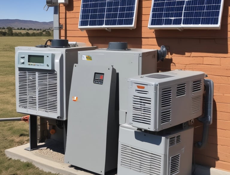 A solar-powered water pump operating in a lush green field with clear blue skies.