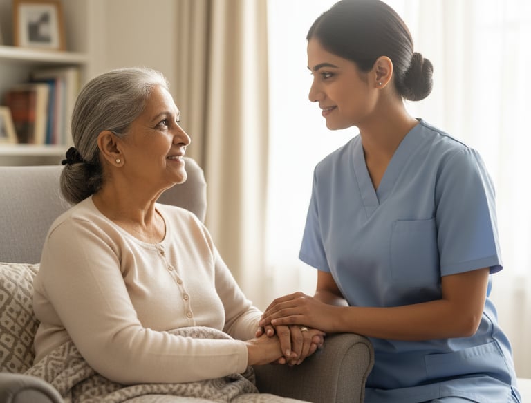 a nurse and an elderly lady in a living room