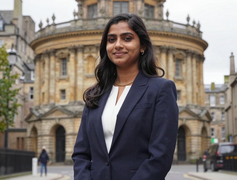 Happy Indian male student around 25 years old with a backpack, standing in front of a university campus.
