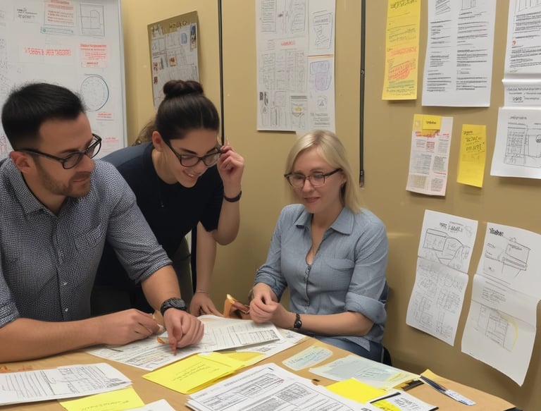 A diverse team collaborating around a digital interface displaying data analytics.