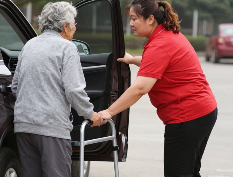 A professional Crimson Complete driver helping a smiling passenger into a clean vehicle.