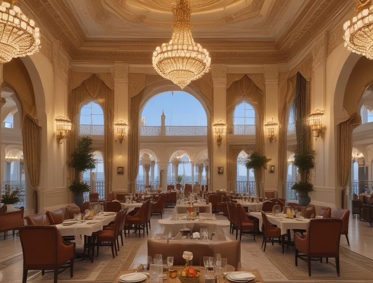 A warm, inviting dining area of Kinghouse restaurant with traditional Arabic decor.