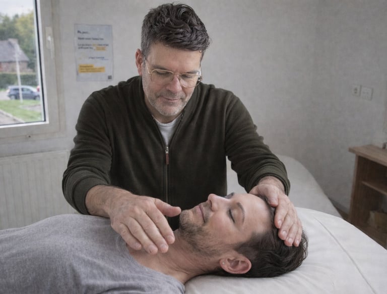 Thomas Beaucher en pleine séance de magnétisme sur un consultant