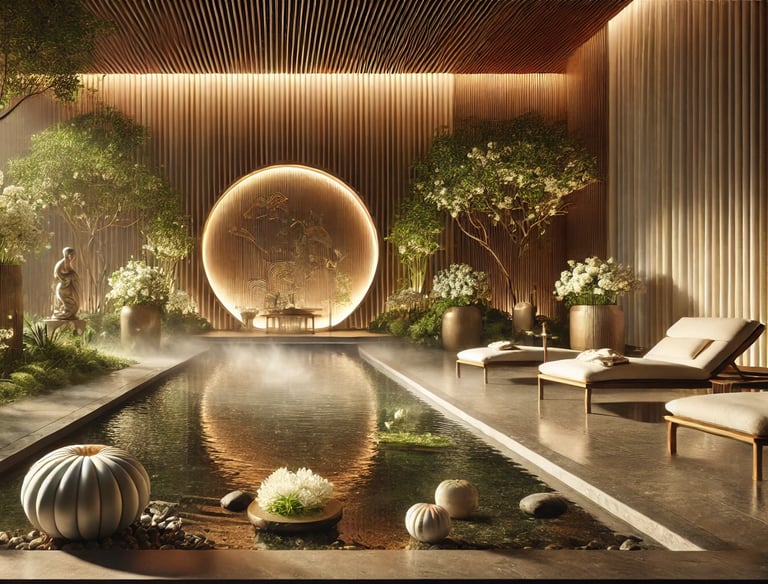 a large room with a fountain and a fountain