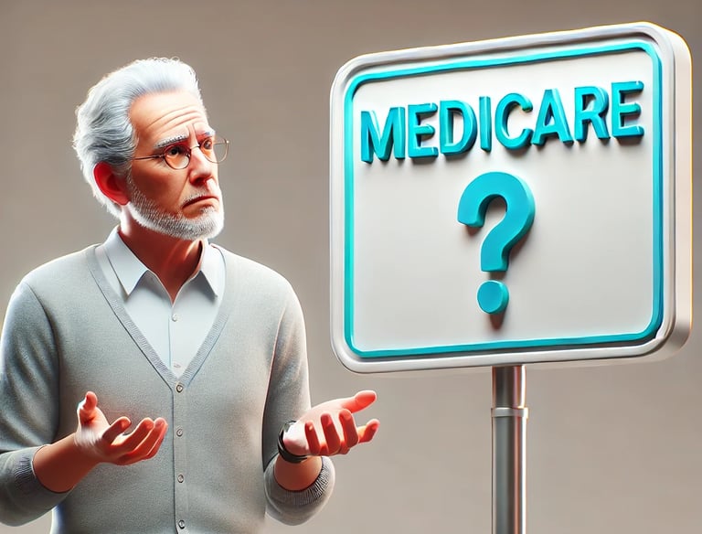 Older man looking at sign saying Medicare with a question mark.