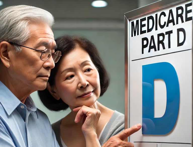 Older couple looking at sign saying Medicare part D.