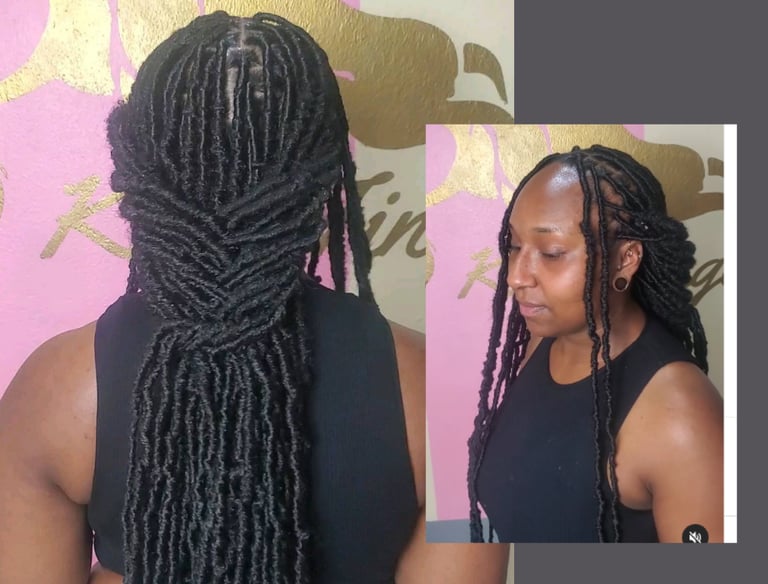 A woman with long, neatly styled faux locs, flowing effortlessly down her back. The smooth, well-crafted locs create a sleek
