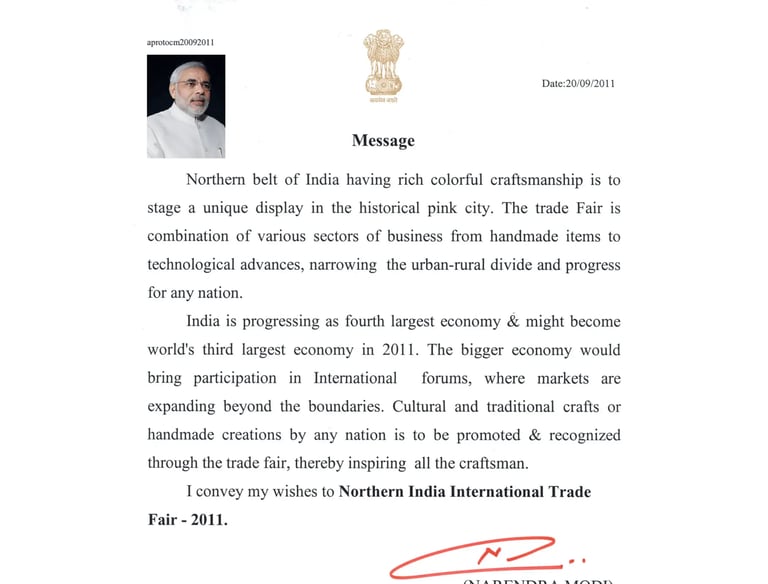 Appreciation letter from Shri Narendra Modi (CM of Gujarat) for Northern India International Trade Fair 2011