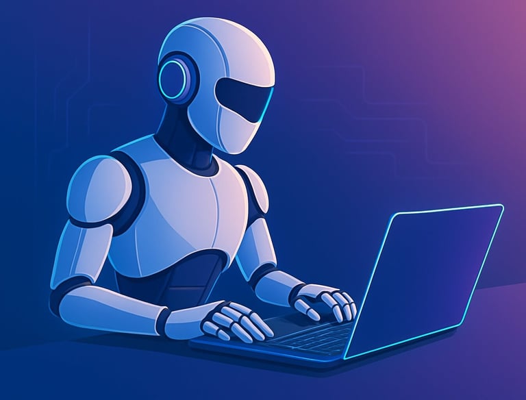 a robot is sitting at a laptop computer