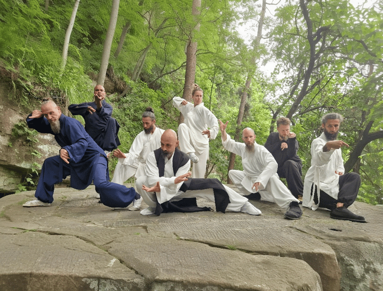 In the heart of nature, a Wudang family moves in harmony, weaving Tai Ji and Bagua into life.