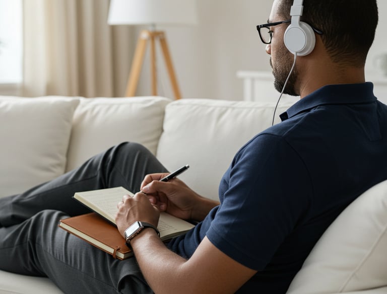 male business owner listening to business podcast episode
