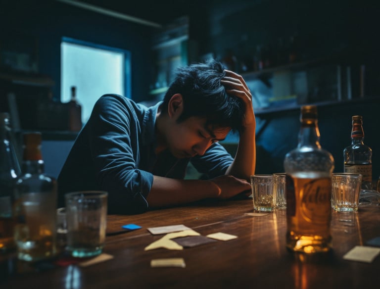 Homem triste com bebidas e drogas ao redor