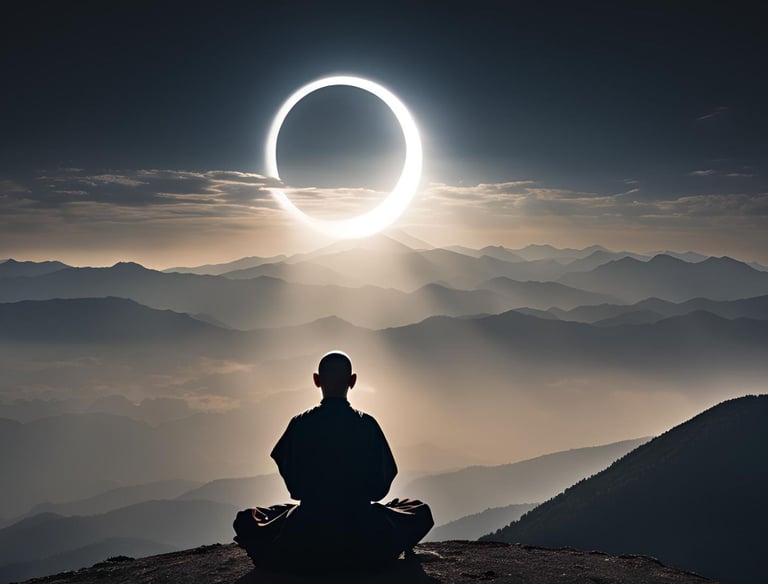 homme qui medite face a une eclipse de soleil sur une montagne, bien-etre, retour a soi,  magnetiseur nantes chrsophe meunier