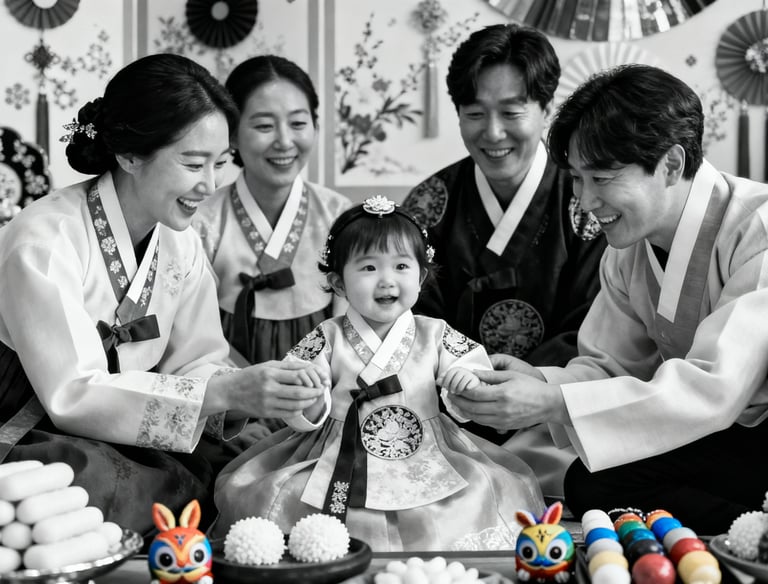 “Family in traditional Korean attire celebrating child’s milestone, filmed in Toronto by Frames by Peter.”