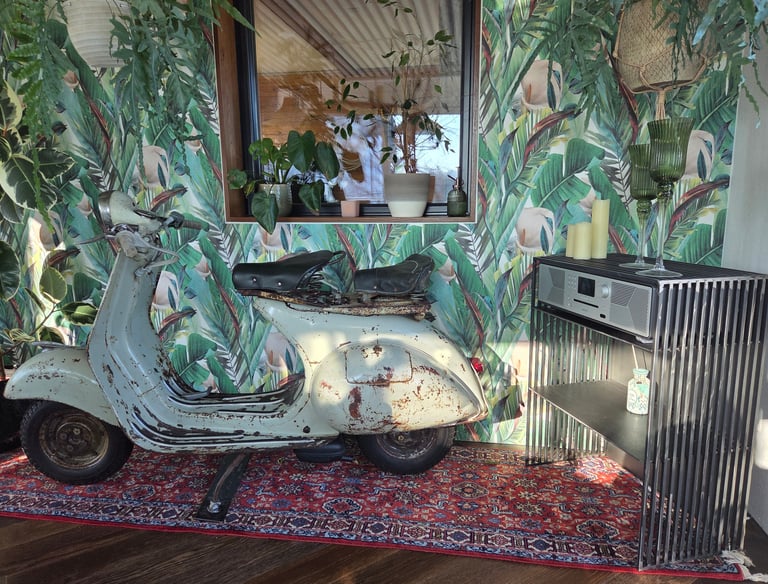 Vintage-Vespa als dekoratives Highlight vor Dschungel-Tapete neben modernem Holz-Sideboard.