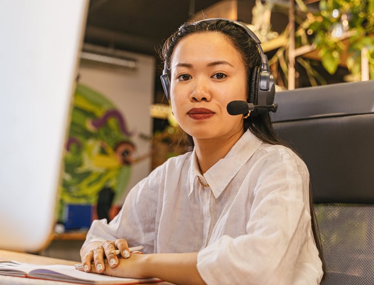 a woman in a headset with a headset and a microphone