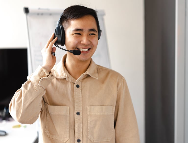 a man in a khaki shirt and headphones