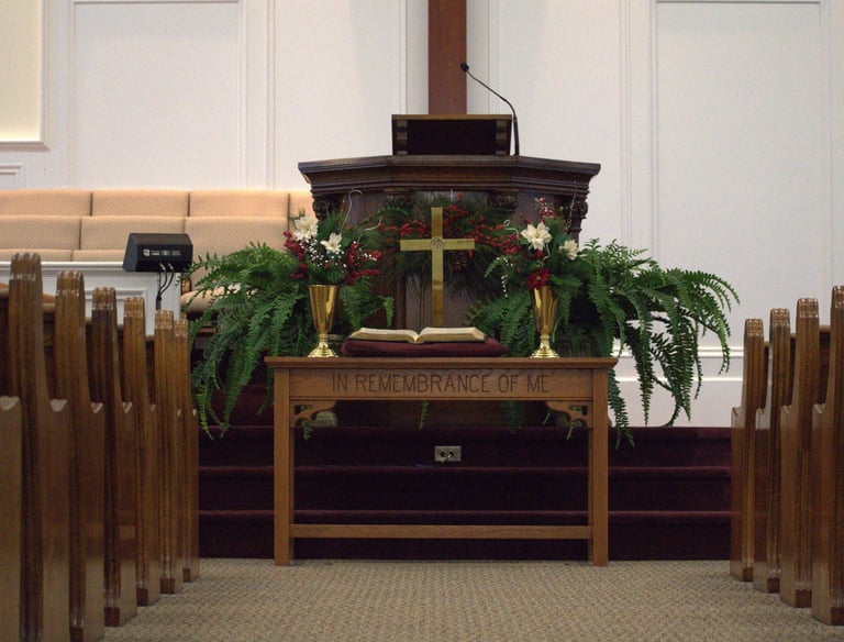 wooden church pulpit and alter communion table