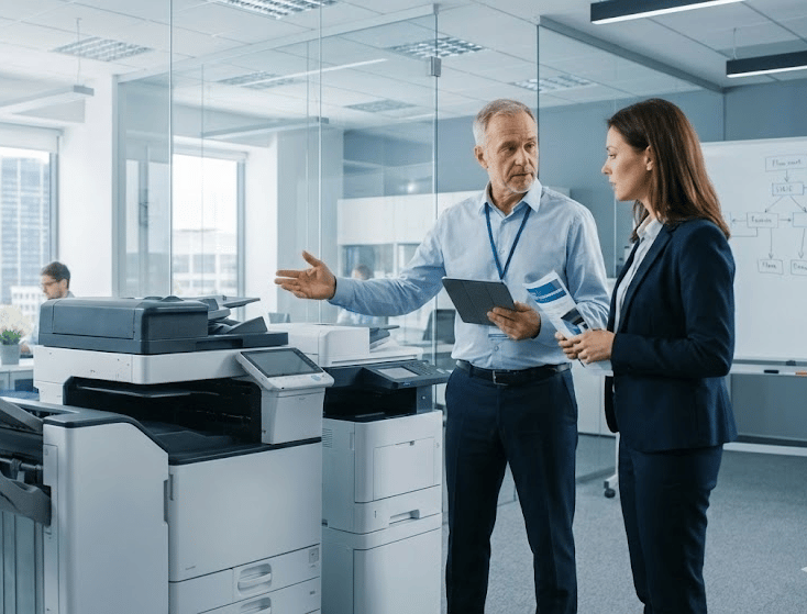 a man and woman in a business suit talking to each other