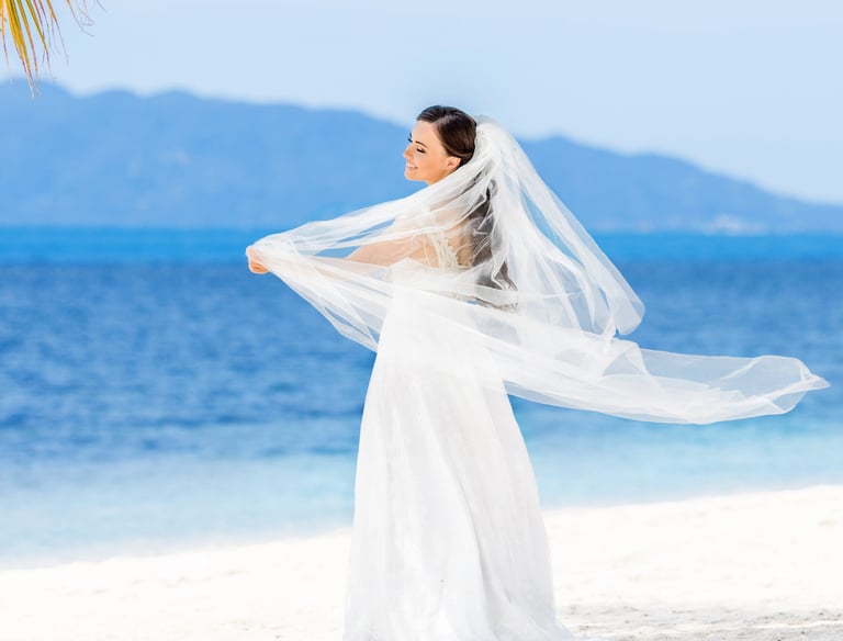 Bride with veil on the beach, Funchal ocean background.
