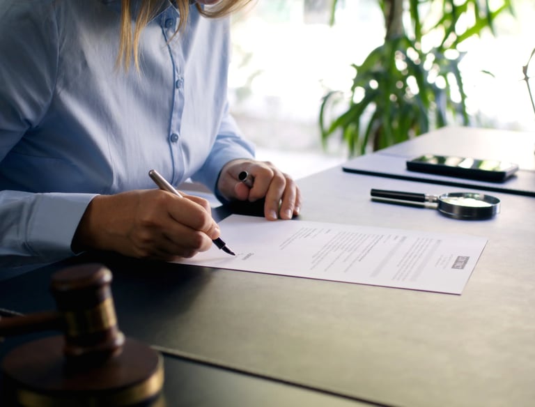 Firma de documento legal con mazo en escritorio