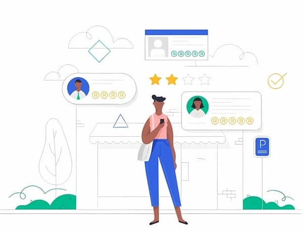 a woman with a phone in front of a building with a customer satisfaction rating