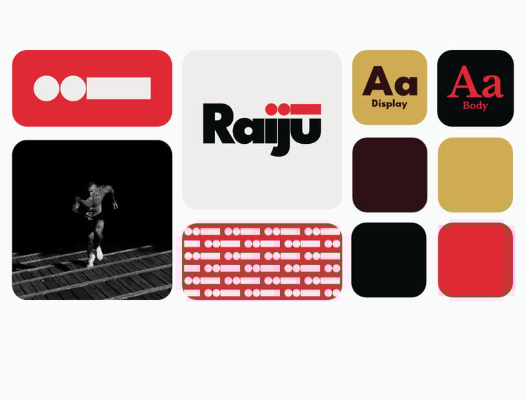 Grid layout of elements of the Raiju brand visual identity