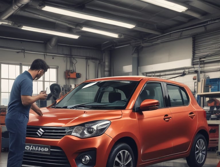 A pristine Maruti Suzuki car receiving a detailed wash and polish under bright lights.