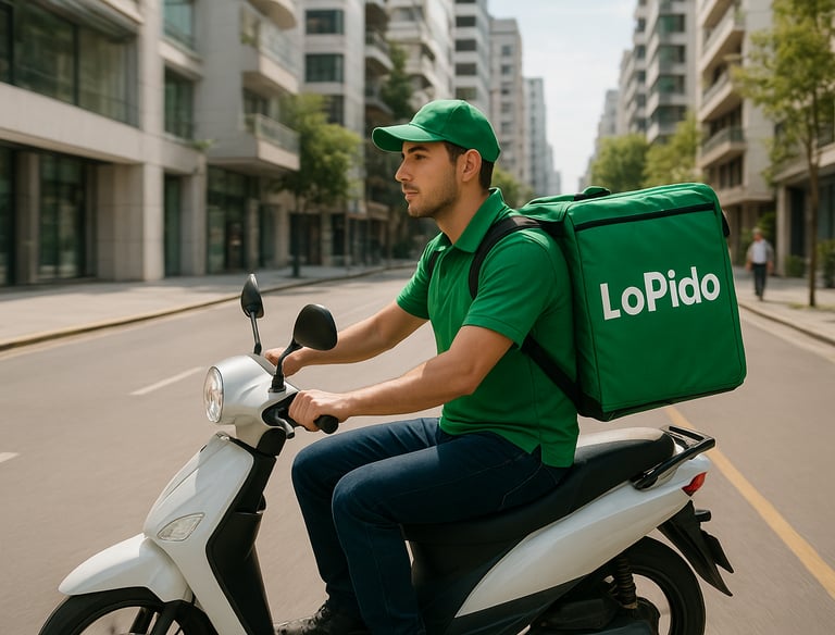 A realistic photograph of a delivery driver riding a scooter through a modern Argentine city street 