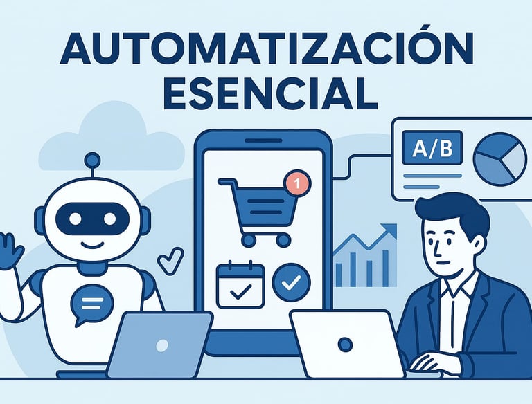 Ilustración de un robot y un profesional usando laptops, con íconos de carrito de compras, calendario y análisis A/B. Represe