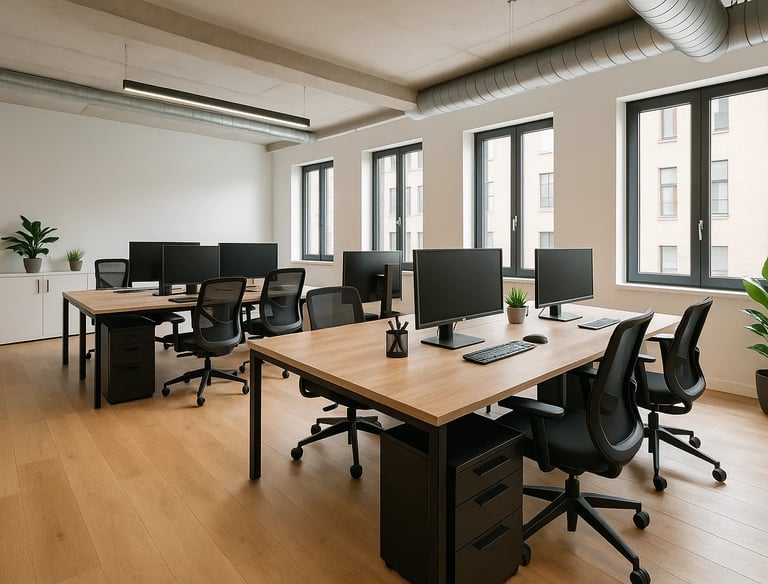 A commercial office space with tables and chairs