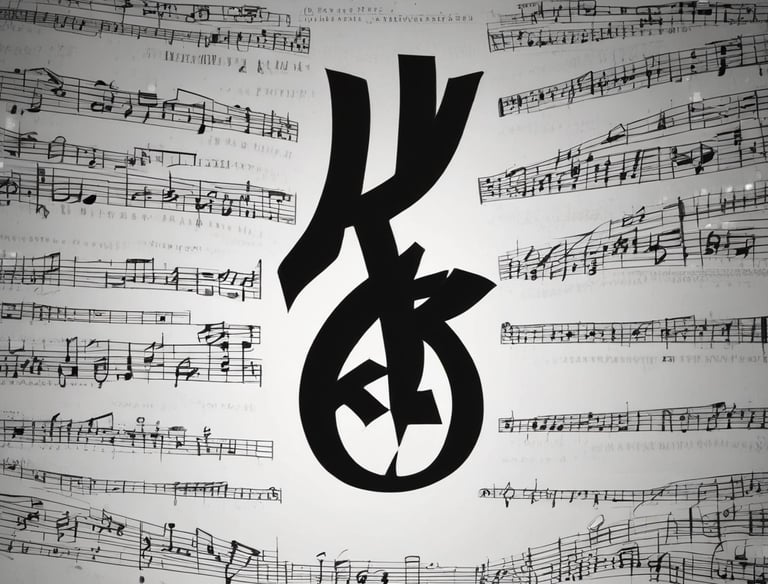 PIECE OF K. symbol over layered sheet music – artistic music identity