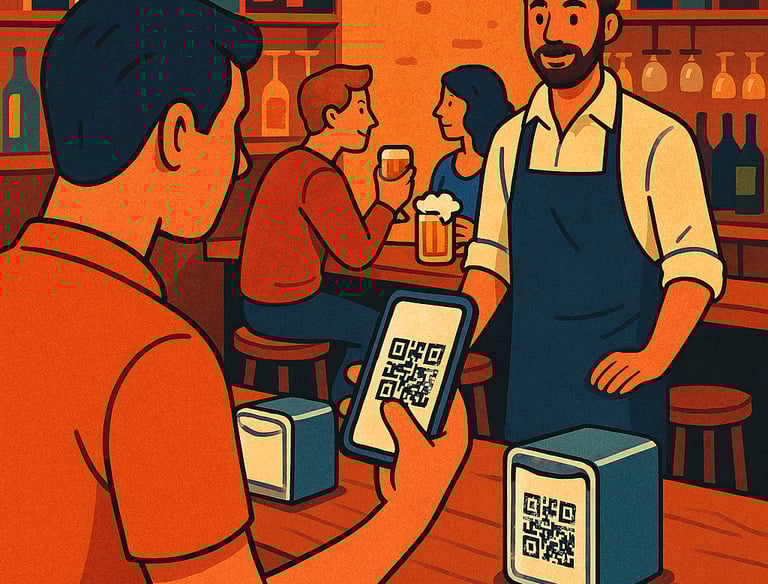 Ilustración en Hostelería, cliente leyendo el QR de la carta