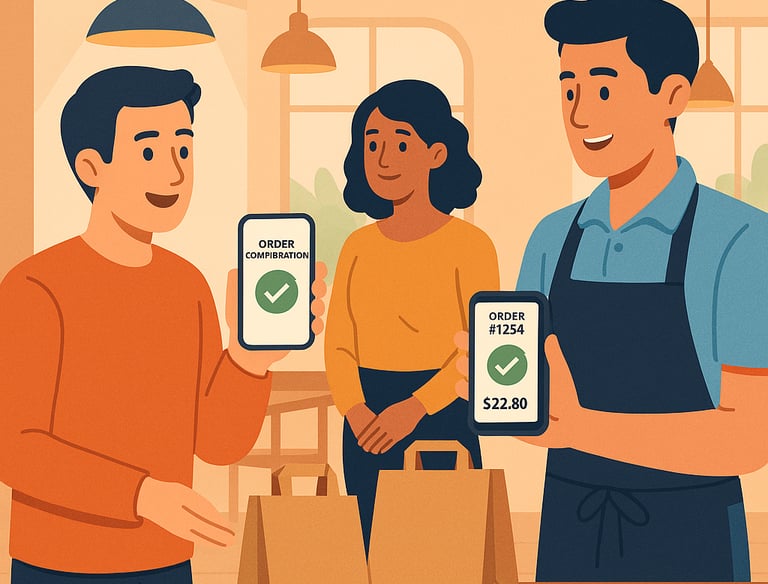 Ilustración en Hostelería, camarero validandoy recogiendo pedido Take Away Dighoreca a unos clientes