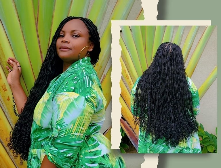 Stylish tribal braids with curls professionally done at Kwik Fingaz Beauty Salon in Montego Bay.