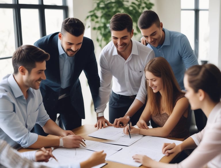 Diverse group of colleagues celebrating success in office