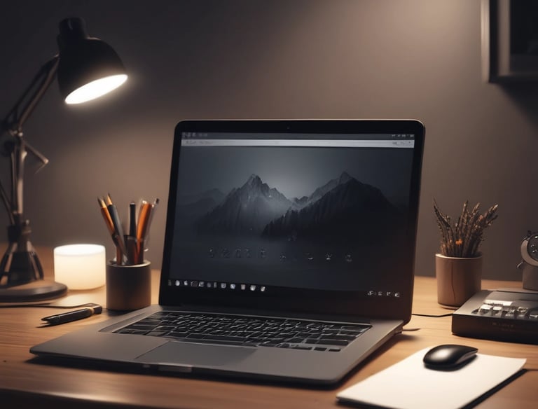 A minimalist brand visual concept board illuminated by soft, moody lighting.