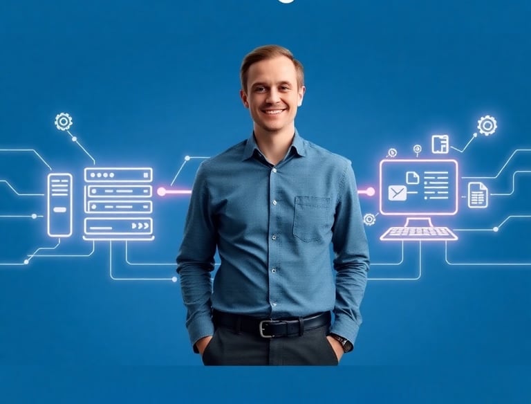 Мужчина в синей рубашке и черных брюках с синим фоном об услугах интеграции API