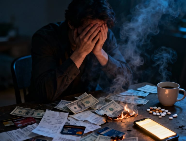 cinematic realism, emotional lighting, realistic human pose, financial anxiety, mental exhaustion