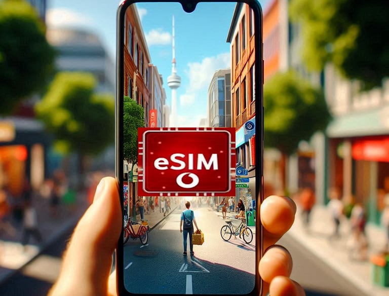 "Mano sosteniendo un smartphone con una eSIM de Vodafone activada