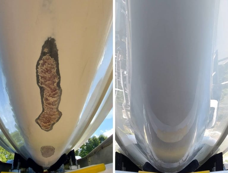 before and after of damaged underhull fully restored and  repaired 