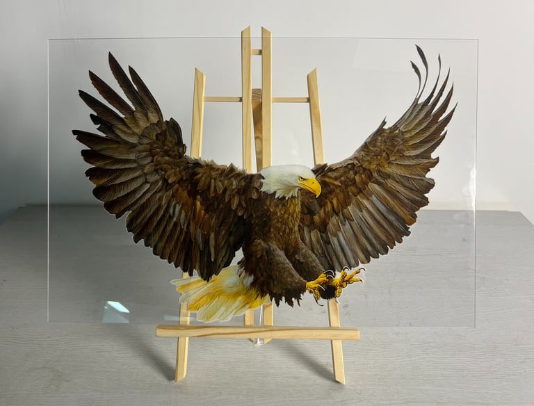 an eagle printed on glass with a wall printer