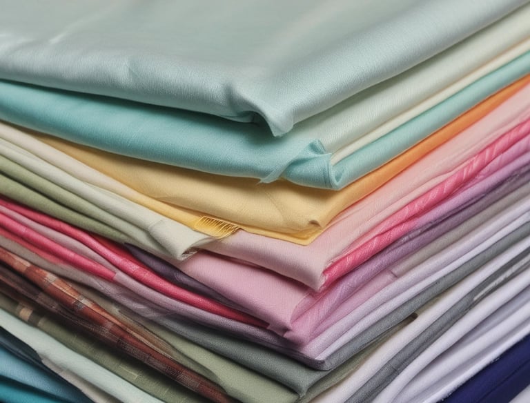 A mannequin is dressed in a light blue embroidered kurta with white floral patterns, paired with a matching blue dupatta. The mannequin is displayed in a clothing store with a red and white interior. Various fabrics and garments are visible in the background.