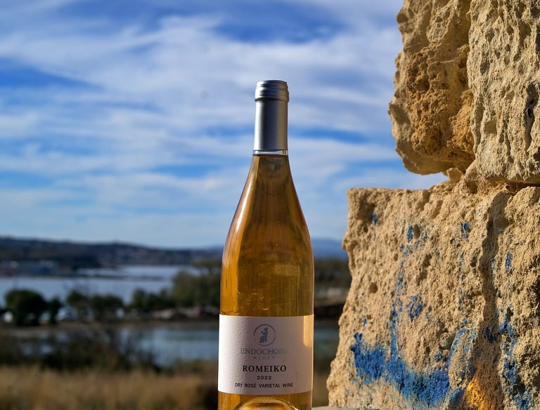 a bottle of greek rose wine sitting on a stone wall