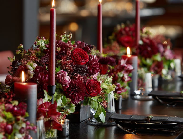 Elegant dinner table setting with red floral centerpieces and tall burgundy taper candles.