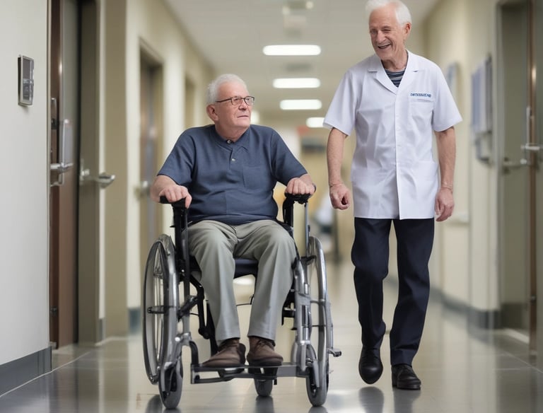A friendly caregiver assisting a senior with a tablet device.