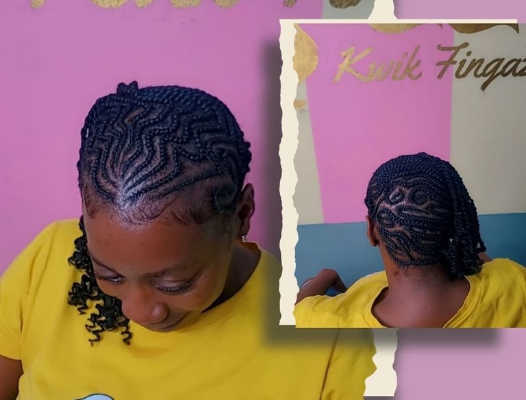 client rocking natural hair styled with sleek side cornrows at Kwik Fingaz Beauty Salon in Montego Bay.
