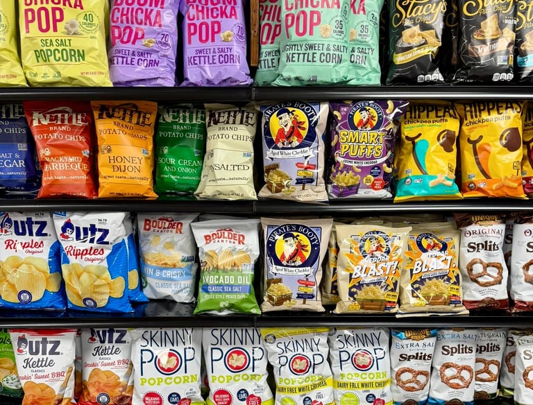 Round Hill Market snack aisle with various brands of popcorn, chips, and pretzels, including Boom Chicka Pop and Skinny Pop.