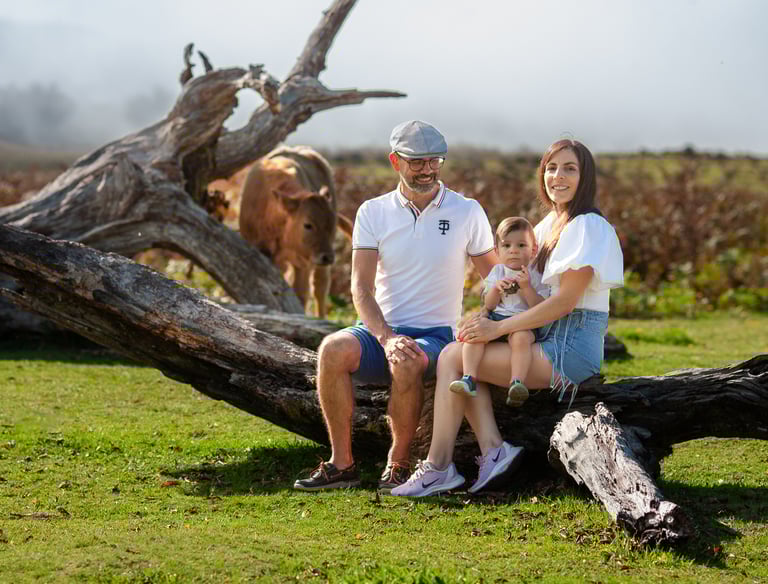 Family sitting together on fallen log in meadow, misty hills and grazing cows visible in background.