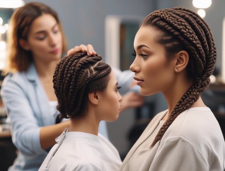 A person is seated in a hair salon with a cape around their shoulders. Another individual is styling their hair using a comb. The salon has bright decorations on the wall, including flowers, and there are various hair styling tools and products on a counter.